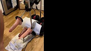 Barefoot sissy in kitchen takes dildos up ass.