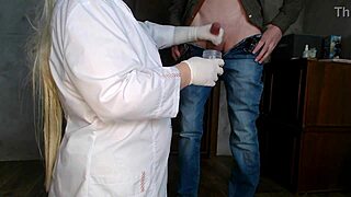 Kneeling milf nurse takes cum for hospital analysis