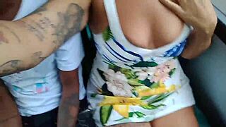 she shows off on the bus, making the guy excited in public