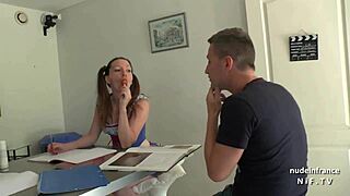 pretty french brunette student in uniform sucks teacher's cock. wanna see her pigtails bounce with every move?