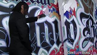 Slender teen, can you handle watching her suck and tug big black cocks in blowbang?