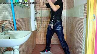 gay dude jerks off in shower with jeans fetish