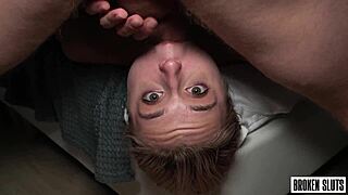 Shy cutie begs for more on her first time with huge cock.