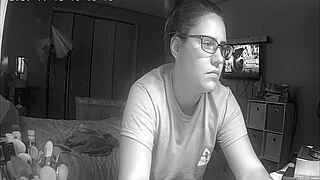 curious teen skips homework to finger herself watching porn on hidden cam.