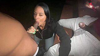 Yolanda Yamz sucking two big cocks at the park in doggystyle