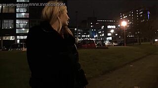 Blonde British babe flashes tits downtown at night