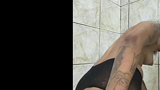 Playing with dildo in ass and drinking pee