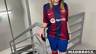 Barcelona fan gets fucked by PSG guys in stadium corridors with anal and double penetration 😈