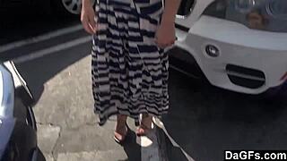 Blonde teen delivers daring handjob while driving in car
