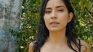 Skinny Latina reveals cute curves in forest setting