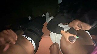 Yolanda Yamz sucking two big cocks at the park in doggystyle