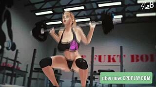 blonde anime girl working out in the gym while clothed