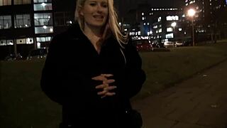 Blonde British babe flashes tits downtown at night