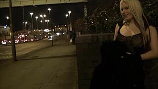 Blonde British babe flashes tits downtown at night