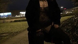 Blonde British babe flashes tits downtown at night