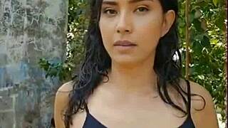 Skinny Latina reveals cute curves in forest setting