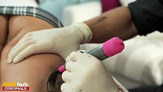 Hot Tattooed Brunette With Perfect Body Gets Bent Over and Fucked Hard During Her Tattoo Session. Her Wet Pussy Dripping as Big Cock Enters.