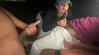 Yolanda Yamz sucking two big cocks at the park in doggystyle