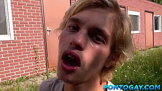 Public sex and cumshot with naughty young guy in outdoor bareback