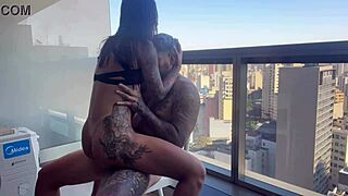 My sister-in-law surprised me with a visit in just panties on the hotel balcony, leading to wild assfucking.