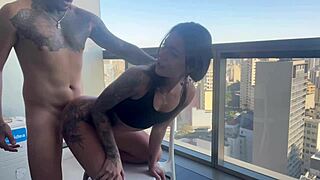 My sister-in-law surprised me with a visit in just panties on the hotel balcony, leading to wild assfucking.