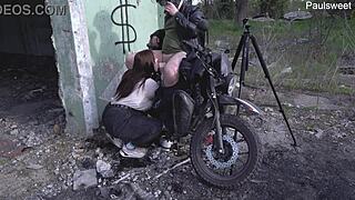Hot Milf Loves Motorcycles and Dominates Big Dicks with Handjob and Dirty Talk in Public. Intense Masturbation Leads to Cum.