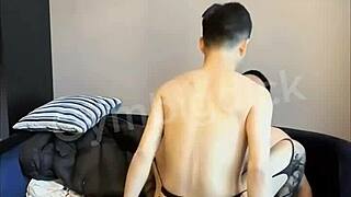 Handsome Asian Gay Couple Bangs Bareback in Lingerie Socks