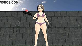 Plump girl plays tennis, tits bouncing