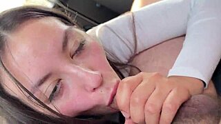 Girl next door pays neighbor with sloppy blowjob in car. She swallows cum after college ride.