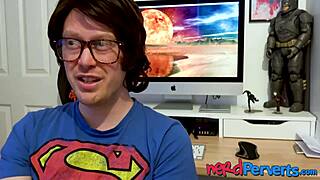 Two lucky nerds get blown by an insatiable uk slut