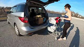 Check out this staged flashing in transparent leggings at the grocery store!
