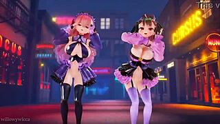 Two girls dance boldly to the music in 3d animation.