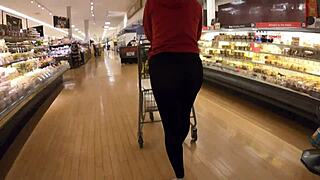 Check out this staged flashing in transparent leggings at the grocery store!