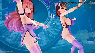 Two girls dance boldly to the music in 3d animation.