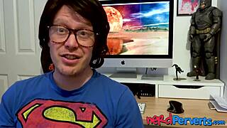 Two lucky nerds get blown by an insatiable uk slut