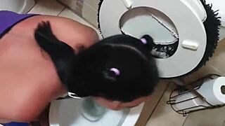 emo bondage slut dragged to toilet for piss and cock sucking