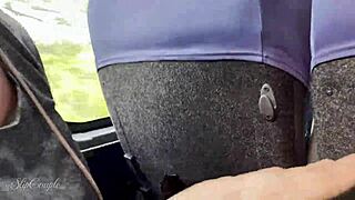 milf sneaks a blowjob on a crowded travel bus