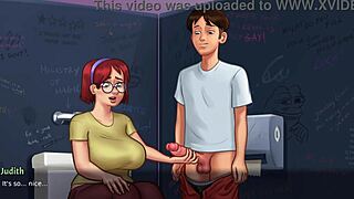 Summertime Saga - Busty Redhead Student Judith Flaunts Huge Tits in Bathroom