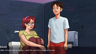 Summertime Saga - Busty Redhead Student Judith Flaunts Huge Tits in Bathroom