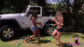 hot babes finger and lick in jeep