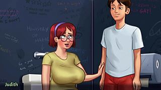 Summertime Saga - Busty Redhead Student Judith Flaunts Huge Tits in Bathroom