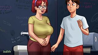 Summertime Saga - Busty Redhead Student Judith Flaunts Huge Tits in Bathroom
