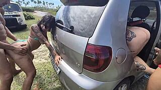 Three hung guys fuck friends in car bareback