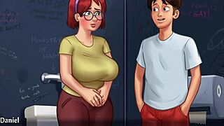 Summertime Saga - Busty Redhead Student Judith Flaunts Huge Tits in Bathroom