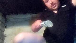 Rough vodka bottle fuck in policeman's anal hole