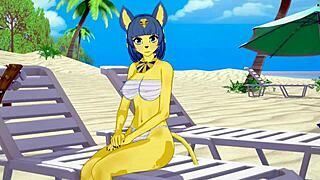 Yo, Ankha from Animal Crossing is getting slammed hard on the beach in this hentai!