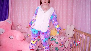 Cozy anal action with baby in pajamas drilling her hole hard