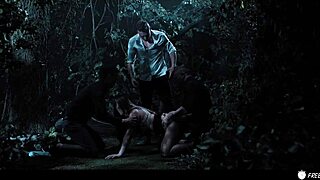 This busty chick got stuck in time, so three dudes took her hard in the forest.