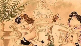 Vintage erotické kresby s antickými kreslenými postavami