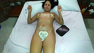 hubby devours cheating wife's pussy with whipped cream on her body.